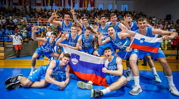 Players of Slovenia celebrate after winning bronze medal against Greece